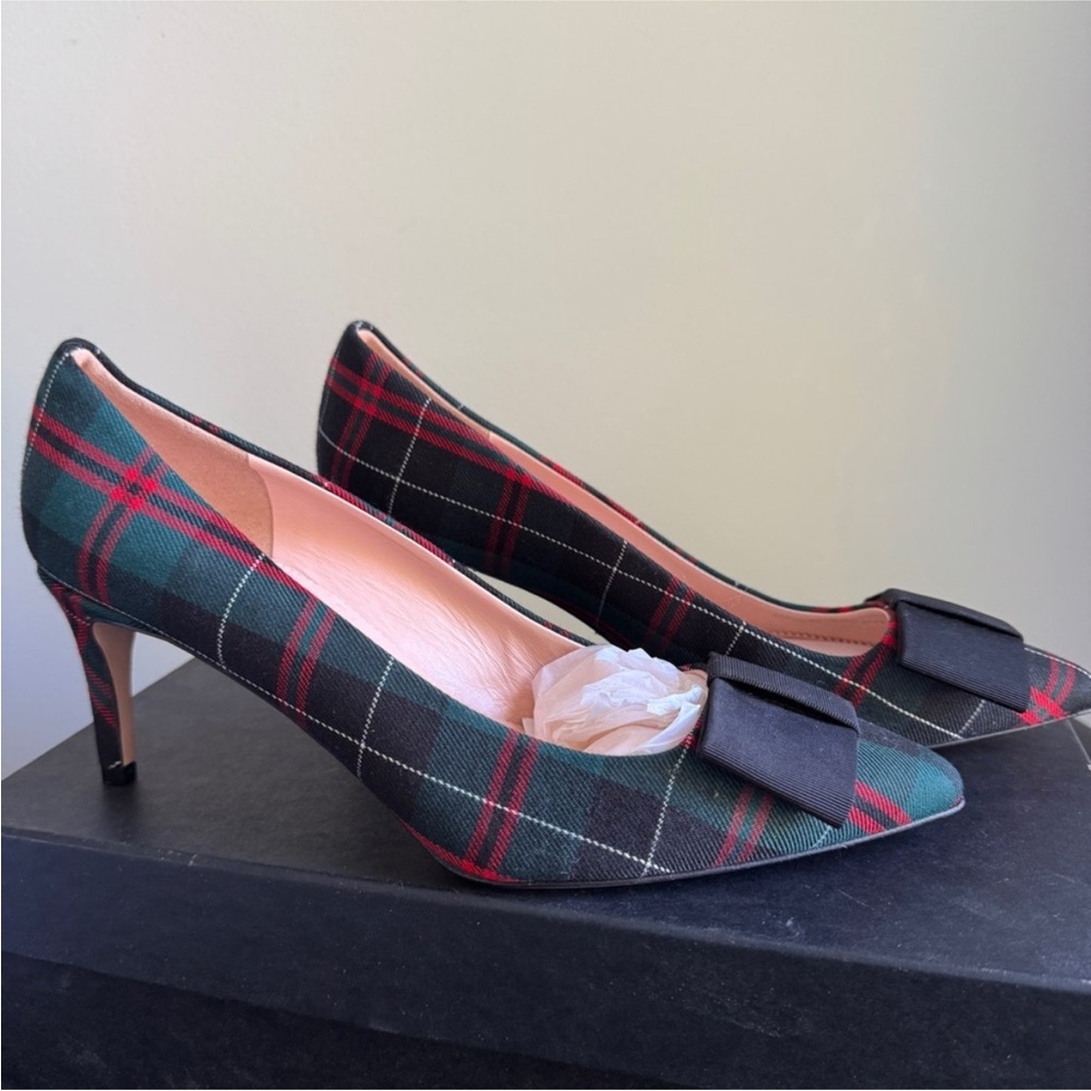 J. Crew Pointed toe pumps with bow in festive plaid tartan